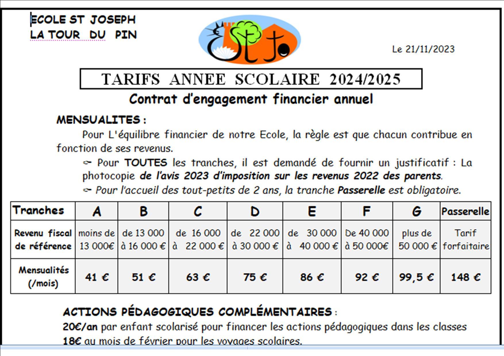 Tarifs 2024 2025